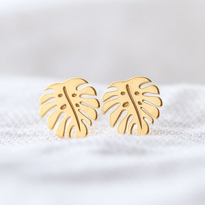 Monstera Earrings, Monstera Studs, Tropical Leaf Earrings, Gift For Her, Gold Monstera Jewellery, Bridesmaid Earrings, Dainty Women's Studs image 2