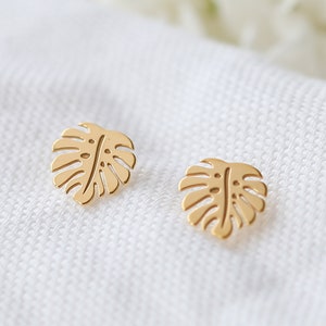 Monstera Earrings, Monstera Studs, Tropical Leaf Earrings, Gift For Her, Gold Monstera Jewellery, Bridesmaid Earrings, Dainty Women's Studs image 7