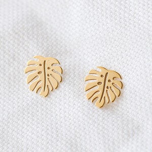 Monstera Earrings, Monstera Studs, Tropical Leaf Earrings, Gift For Her, Gold Monstera Jewellery, Bridesmaid Earrings, Dainty Women's Studs image 1