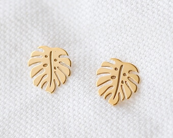 Monstera Earrings, Monstera Studs, Tropical Leaf Earrings, Gift For Her, Gold Monstera Jewellery, Bridesmaid Earrings, Dainty Women's Studs