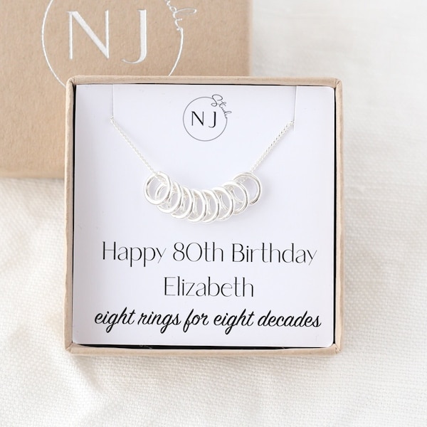 80th Birthday Gift For Women, 8 Decades Gift, 80th Birthday Necklace, Sterling Silver, Eight Circles, 8 Ring Necklace, 80th Birthday Jewelry