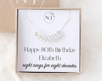 80th Birthday Gift For Women, 8 Decades Gift, 80th Birthday Necklace, Sterling Silver, Eight Circles, 8 Ring Necklace, 80th Birthday Jewelry
