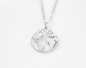 World Map Necklace, Travel Necklace, Globe Charm, Sterling Silver, Personalised Gift For Her