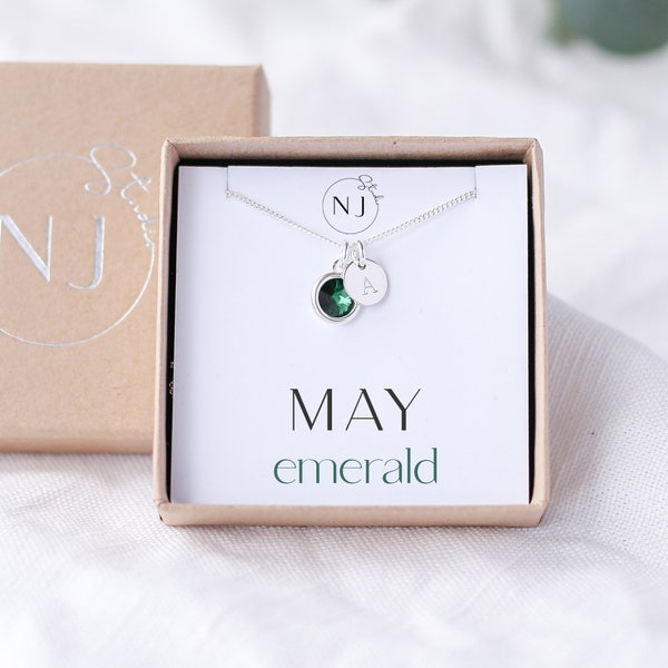Personalised Birthday Gift For Her, May Birthday Gift, Emerald Birthstone & Initial Necklace, May Birthstone, Born In May, Birthday Jewelry