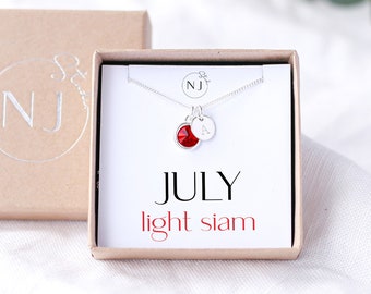 Birthday Gift For Her, July Birthday Gift, Light Siam Birthstone & Initial Necklace, July Birthstone, Born In July, Birthday July Necklace