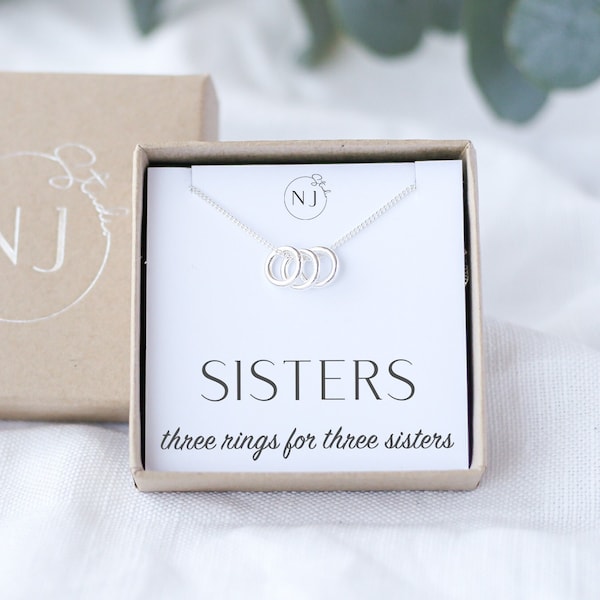 Three Sisters Necklace, Three Sisters Jewellery Gift, Three Rings For Three Sisters, 3 sisters charm necklace gift, 3 rings, sterling silver