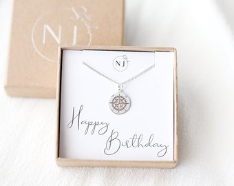 Birthday Gift For Her, Friend Birthday Gift, Compass Necklace, Sterling Silver, Travel Gift For Her