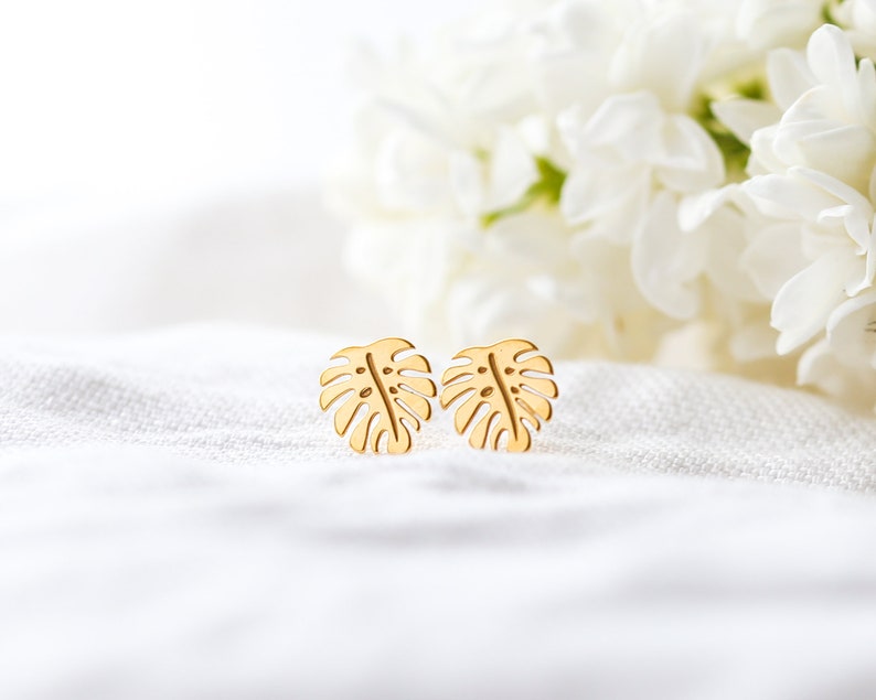 Monstera Earrings, Monstera Studs, Tropical Leaf Earrings, Gift For Her, Gold Monstera Jewellery, Bridesmaid Earrings, Dainty Women's Studs image 8