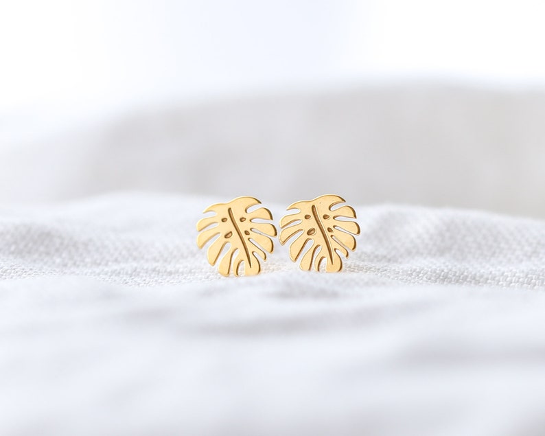 Monstera Earrings, Monstera Studs, Tropical Leaf Earrings, Gift For Her, Gold Monstera Jewellery, Bridesmaid Earrings, Dainty Women's Studs image 2