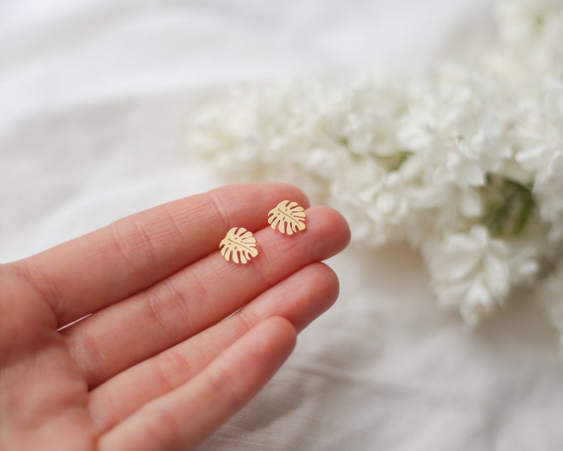 Monstera Earrings, Monstera Studs, Tropical Leaf Earrings, Gift For Her, Gold Monstera Jewellery, Bridesmaid Earrings, Dainty Women's Studs image 10