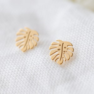 Monstera Earrings, Monstera Studs, Tropical Leaf Earrings, Gift For Her, Gold Monstera Jewellery, Bridesmaid Earrings, Dainty Women's Studs image 9