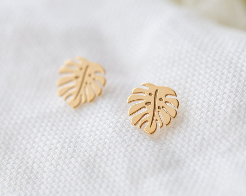 Monstera Earrings, Monstera Studs, Tropical Leaf Earrings, Gift For Her, Gold Monstera Jewellery, Bridesmaid Earrings, Dainty Women's Studs image 9