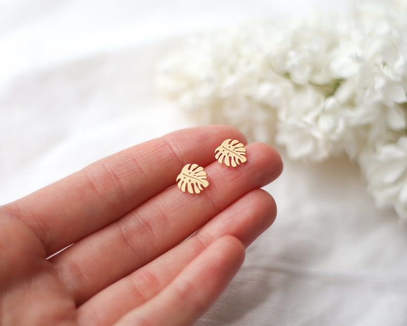 Monstera Earrings, Monstera Studs, Tropical Leaf Earrings, Gift For Her, Gold Monstera Jewellery, Bridesmaid Earrings, Dainty Women's Studs image 3