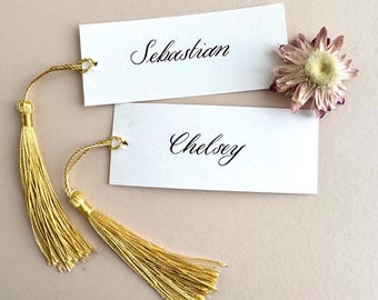Wedding Place Cards with Gold Tassels and Hand Calligraphy – Name Settings