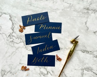 Navy Card With Gold Handwritten Calligraphy Place Cards – Custom Wedding Place Setting