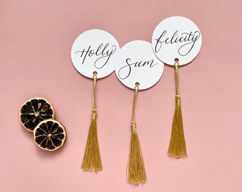 Round Gold Tassel Hand Calligraphy Place Setting Cards