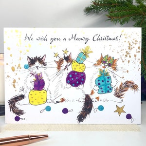 Wir wünschen Ihnen eine Meowy Weihnachtskatze Karte, mit handgefertigten Glimmerpulver Details gedruckt