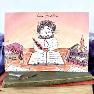 Carte de voeux chat Jane Austen, imprimée