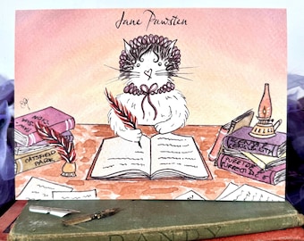 Jane Austen cat greetings card, printed