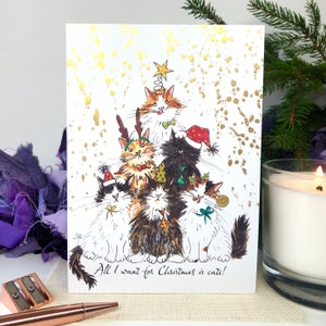 Tout ce que je veux pour Noël, c'est une carte avec des chats, imprimée avec des détails en poudre de mica finis à la main