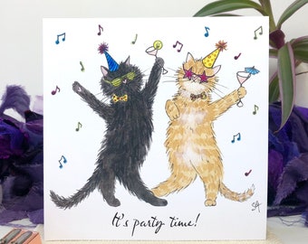 It's party time! Cat birthday card, printed