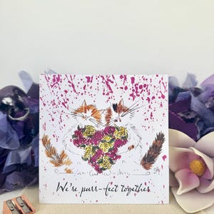Carte de voeux pour la Saint-Valentin avec chat, imprimée avec des détails en poudre de mica finis à la main