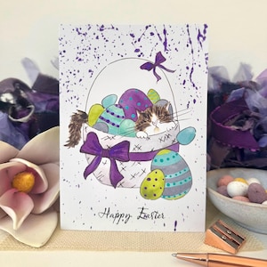Carte de chat avec des œufs de Pâques, imprimée avec des détails en poudre de mica finis à la main