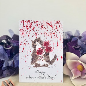 Biglietto di auguri per San Valentino con gatto "Happy Meow-entine's Day", stampato con dettagli in polvere di mica rifiniti a mano