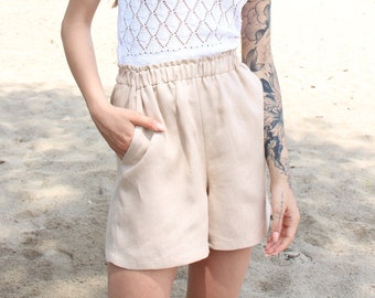 Linen shorts for women in Beige