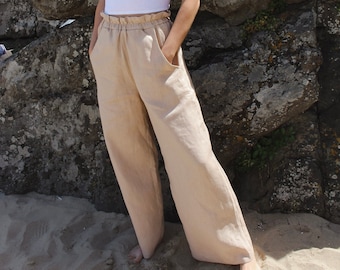 Beige elastic linen pants / Linen trousers / Linen summer pants with pockets