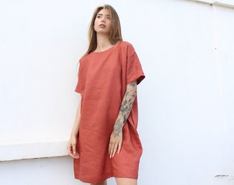 Burnt Orange Loose Linen Dress