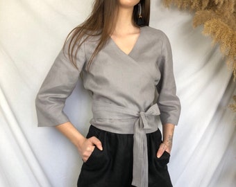 Linen wrap top GAIA / 3/4 sleeve blouse with ties