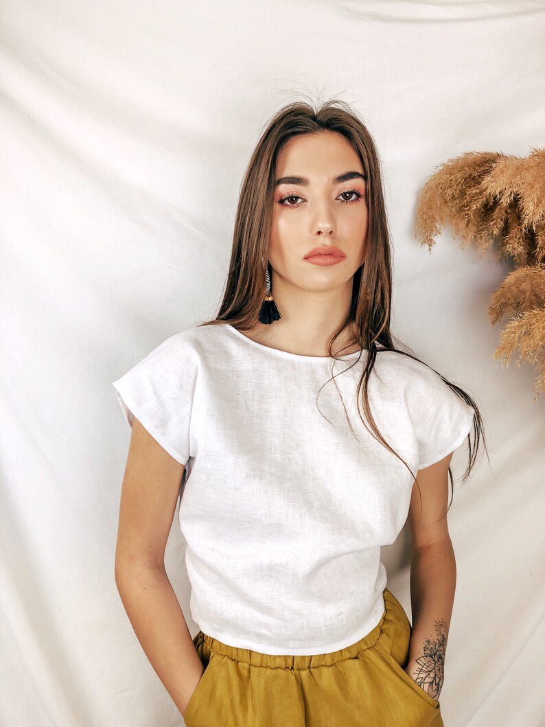 Linen White Top With Open Back and Back Tie Etsy