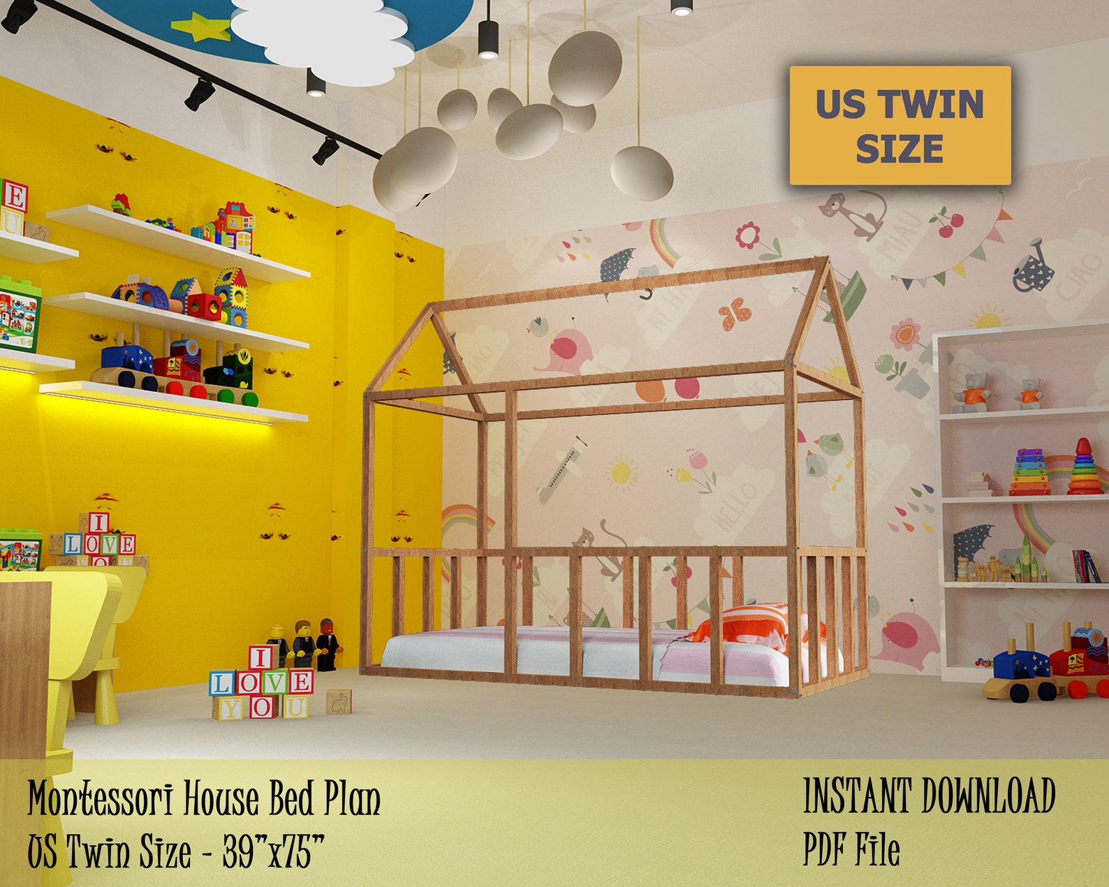 Montessori Bed Plan US Twin Size House Bed Frame Easy and Etsy UK