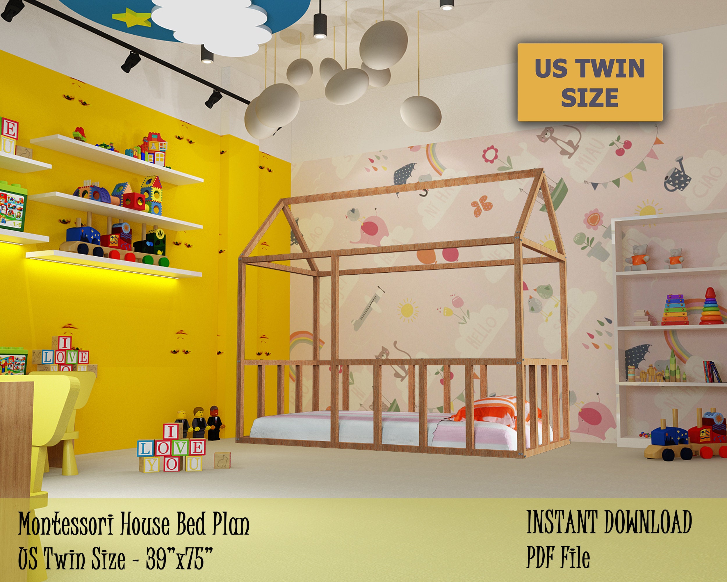 Montessori Bed Plan US Twin Size House Bed Frame Easy and Etsy UK