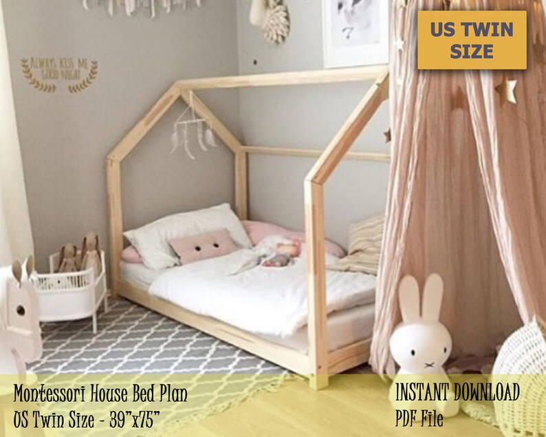 Montessori Toddler House Bed Frame, US Twin Size Kids Bed Plan, Easy and Affordable DIY Wooden Floor Bed for Kids Bedroom 