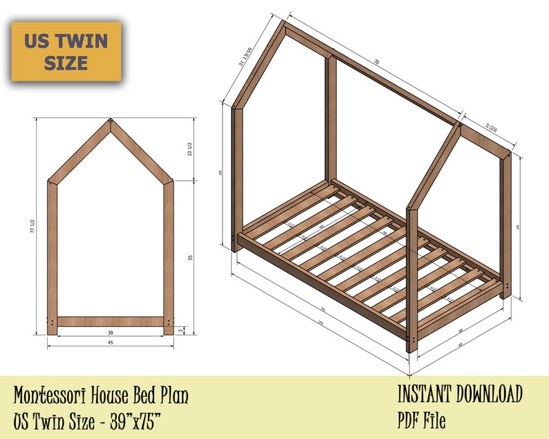 Kids House Bed Frame Plan US Twin Size Montessori Bed Easy Etsy UK