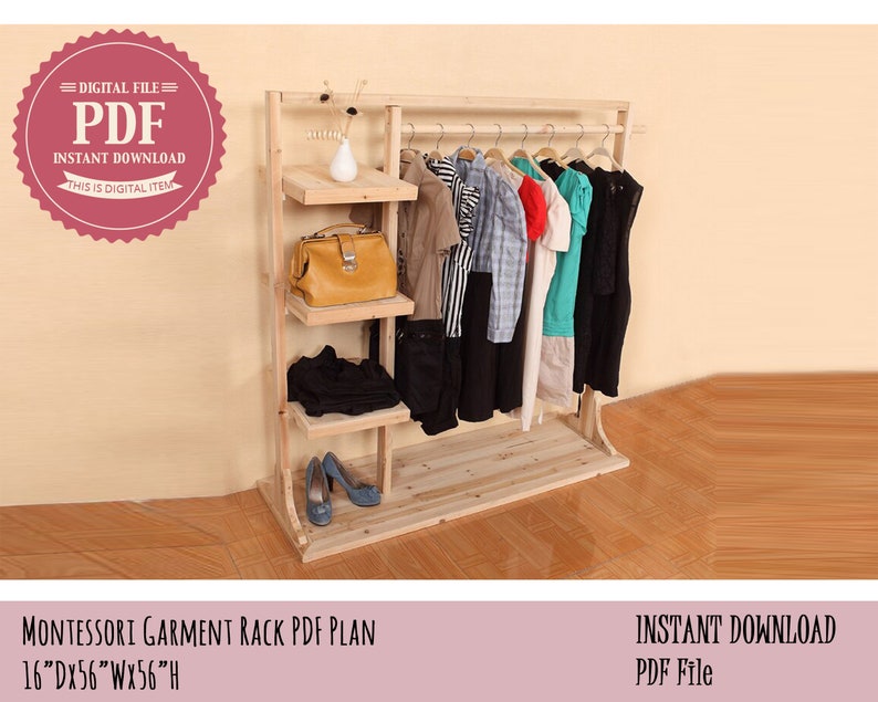 Montessori Garment Rack Plan Mini Kids Clothes rack Wooden image 0
