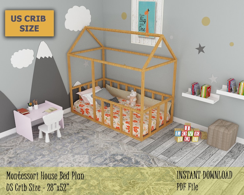 Montessori Bed Plan US Crib Size House Bed Frame Easy and | Etsy