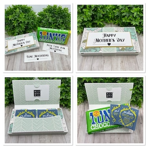 Op de afbeelding: Een witte cadeaudoos met een groen-wit chevron-patroon. De doos is open en bevat een chocolade reep, twee theezakjes en een cadeaubon. De doos is versierd met de woorden "Happy Mother's Day" en "Fijne Moederdag".