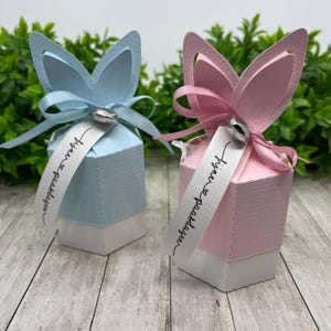 Op de afbeelding: Twee pastelkleurige geschenkdozen, één lichtblauw en één roze, elk versierd met konijnenoorsneden en lint. Elke doos heeft een zilveren bel en een wit label met tekst. Op een houten oppervlak.