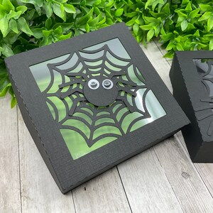May include: Black cardboard box with a clear window showing a green spider web with a black spider and googly eyes. The box is perfect for Halloween treats.