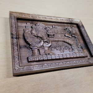 Santa by Fire Place Christmas Carving Black Walnut
