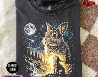 Vintage Bunny Howling Moon Comfort Colors Shirt, Retro Rabbit Night Sky Tee