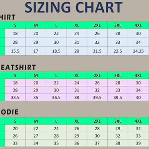 May include: Sizing chart for unisex t-shirts, sweatshirts, and hoodies. The chart shows measurements in inches for body width, body length, sleeve length, and chest (front only) for sizes S through 6XL.