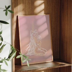 May include: A framed print with a pink background and a white line drawing of a person with long hair, kneeling with their arms raised above their head. The person is adorned with floral details and a rose.