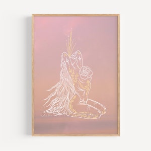 May include: A line drawing of a woman with long flowing hair, kneeling with her arms raised above her head. The woman is outlined in white and has gold floral details. The background is a soft pink gradient.