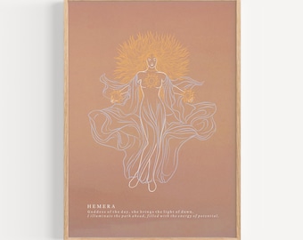 Peut inclure: Une illustration numérique d'une déesse avec une auréole solaire, entourée de rayons de lumière. La déesse est représentée dans une robe fluide, les bras tendus, tenant des soleils dans chaque main. L'arrière-plan est de couleur pêche douce. Le texte "HEMERA Déesse du jour, elle apporte la lumière de l'aube. J'illumine le chemin qui s'ouvre devant moi, rempli de l'énergie du potentiel." est en bas de l'image.
