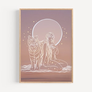 May include: A digital art print featuring a white line drawing of a woman with long hair and a tiger, set against a pink and purple gradient background with gold stars and a large white moon.