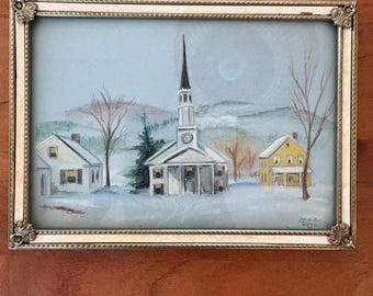 Vintage Snowy Village Pastel Art, Silver Mother of Pearl Frame, Signed 1972